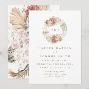 Invitation Monogramme Wreath Pampas Grass Floral Tropical Bla