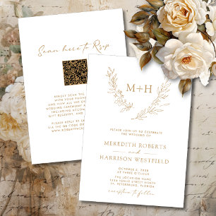Invitation Monogramme Wreath QR Code Gold sur Mariage blanc