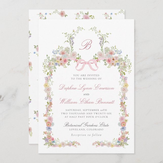 Invitation Monogrammed Bows and Wildflowers Wedding (Devant / Derrière)