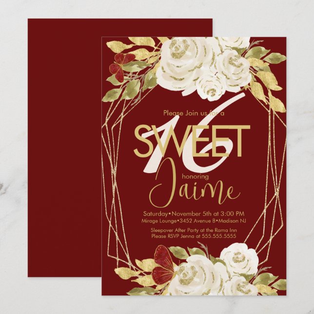 Invitation Monogrammed Sweet 16 Vin de fleurs d'ivoire (Devant / Derrière)