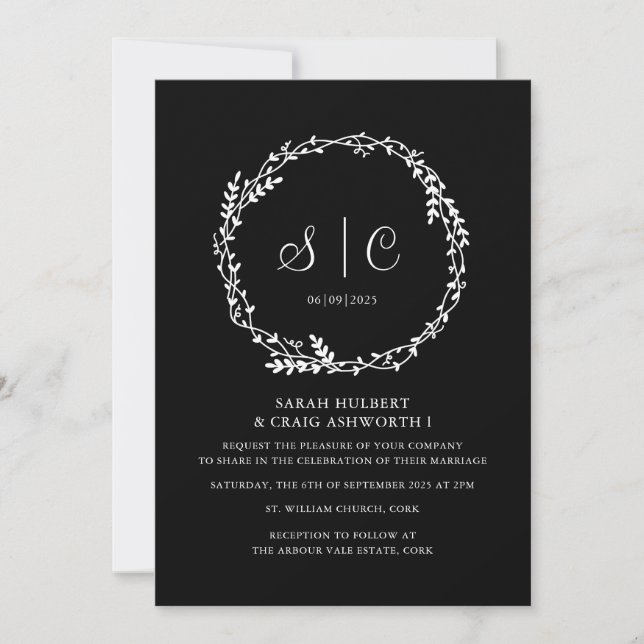 Invitation Monogrammes blancs noirs Botaniques floraux couron (Devant)