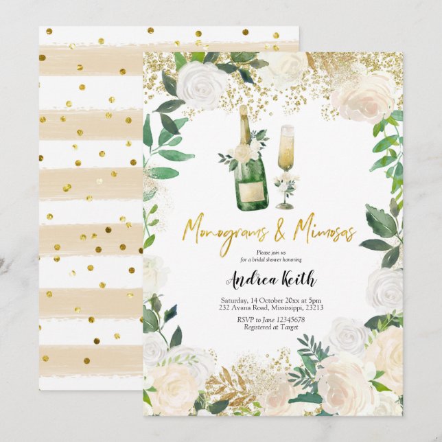Invitation Monogrammes floraux blancs et Fête des mariées de  (Devant / Derrière)