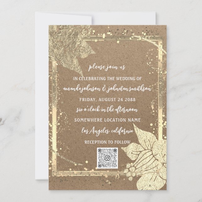 Invitation Monogrammes Floraux Photo Gold Frame QR Code Kraft (Devant)