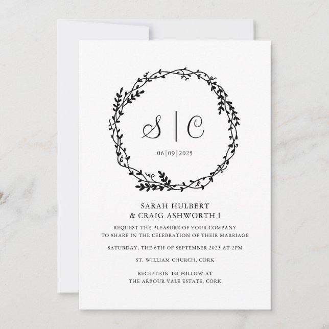 Invitation Monogrammes noirs blancs Fleurs Botaniques Wreath (Devant)