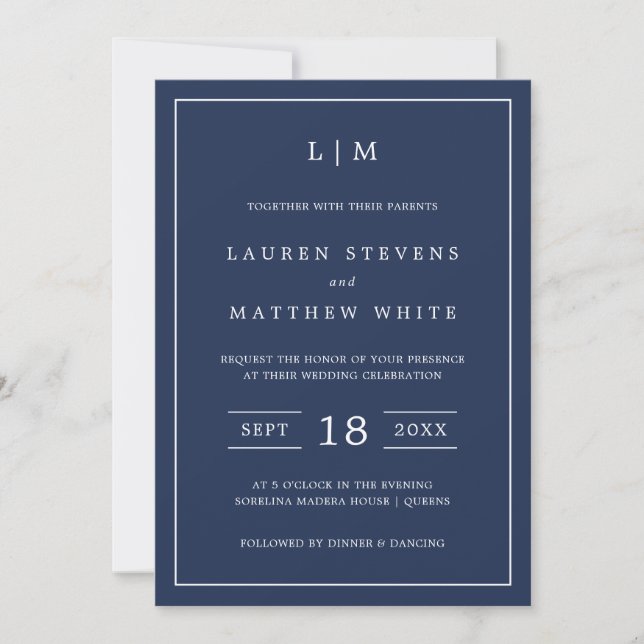 Invitation Monographie bleu marine simple Mariage élégant (Devant)