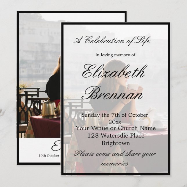 Invitation Monographie funéraire Monogramme Elegant Black Inv (Devant / Derrière)