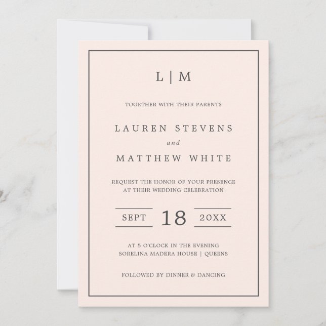 Invitation Monographie rose pâle simple Mariage élégant (Devant)