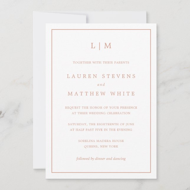 Invitation Monographie rose Rose simple Mariage élégant (Devant)