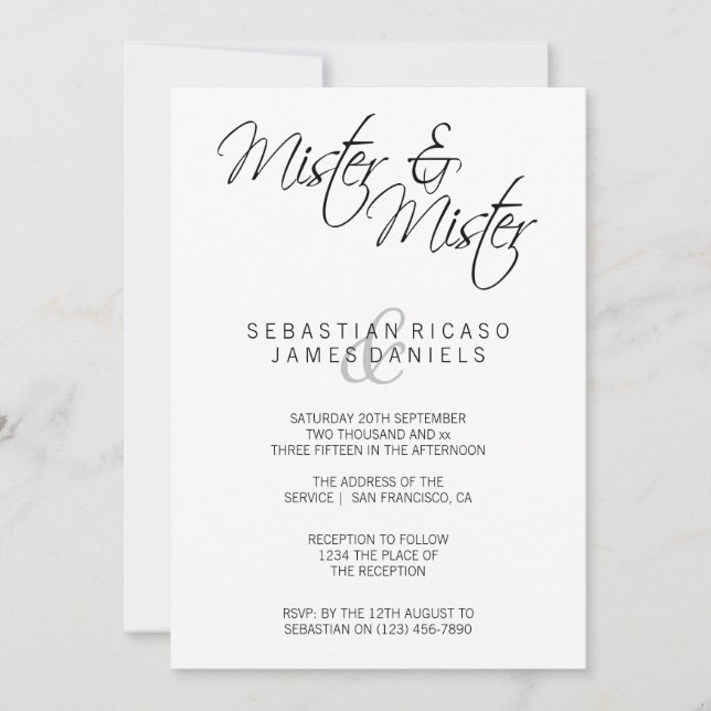 Invitation Monsieur Et Monsieur Elegant Texte Mariage Gay (Devant)