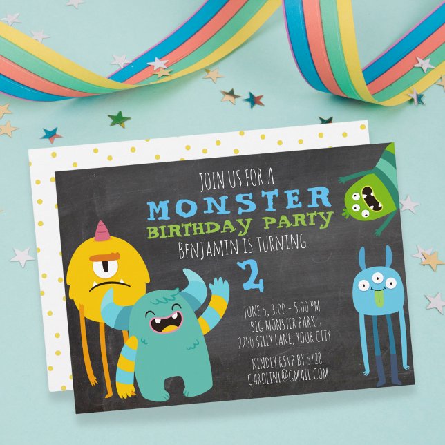 Invitation Monster Anniversaire de fête Thème Chalkboard Invi (Créateur téléchargé)