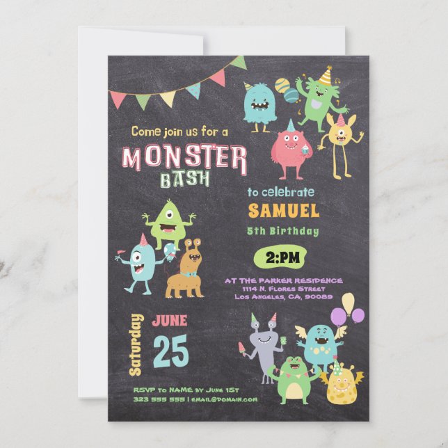 Invitation Monster coloré thème Anniversaire de enfant fête (Devant)