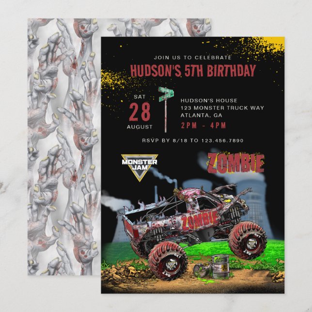 Invitation Monster Jam - Anniversaire Zombie (Devant / Derrière)