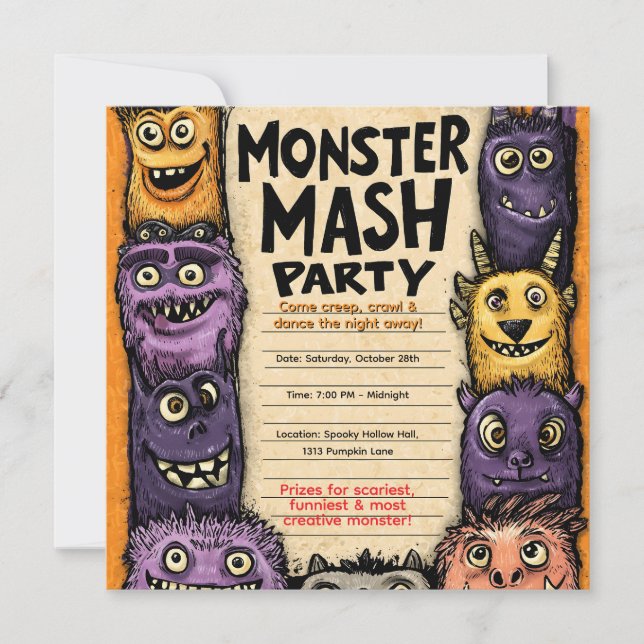 Invitation "Monster Mash Party" avec de mignons monstres (Devant)