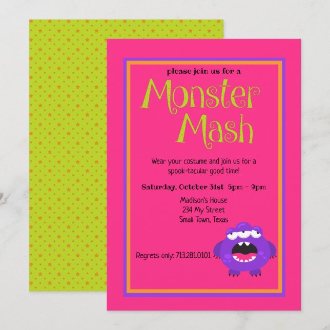 Invitation Monster Mash Purple Kids Jote Coloré Halloween (Devant / Derrière)