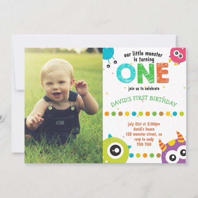 Invitation Monster Photo 1er Anniversaire Garçon Petits monst (Devant)