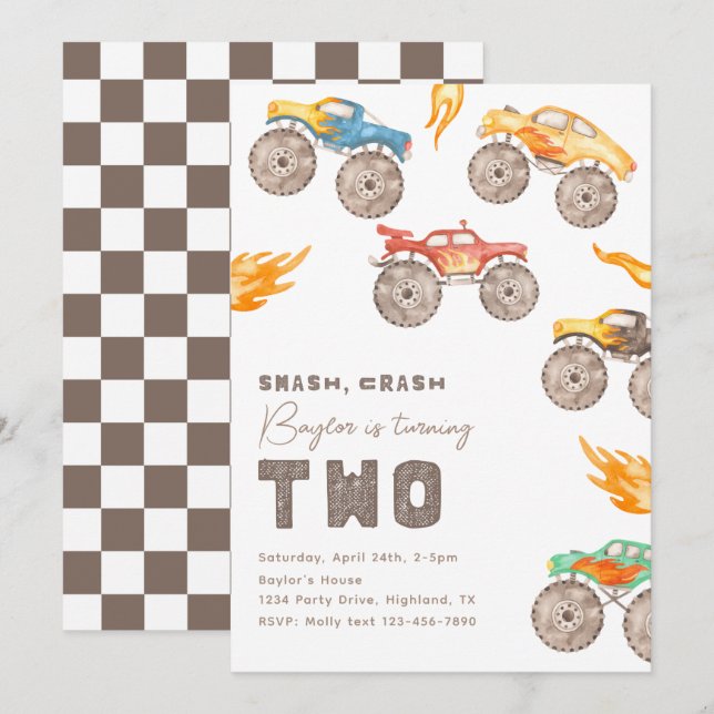 Invitation Monster Truck 2e anniversaire | Camions (Devant / Derrière)
