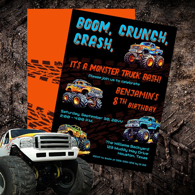 Invitation Monster Truck Bash Boy 8e fête d'anniversaire ("Boom, Crunch, Crash, It's A Monster Truck Bash" Boy's 8th Birthday Party Invitation)