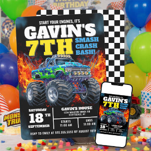 Invitation Monster Truck Bleu Froid 7ème Anniversaire Personn