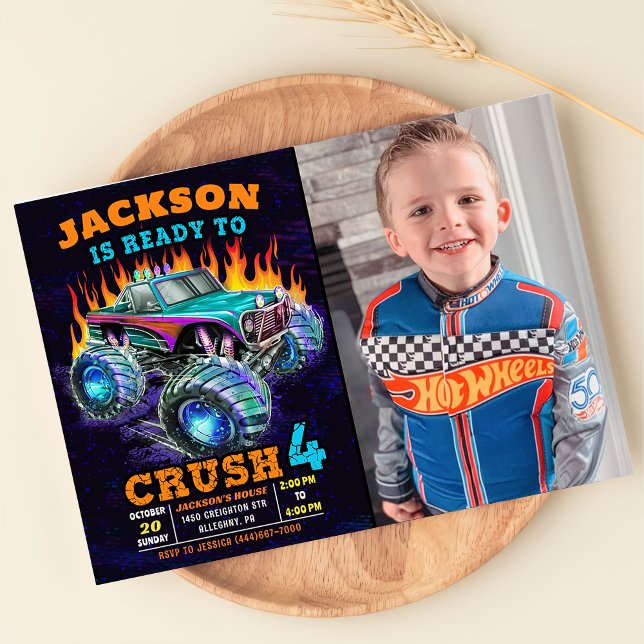 Invitation Monster Truck Boy 4th Birthday Party Photo (Créateur téléchargé)