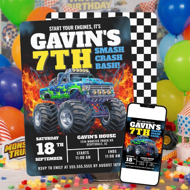 Invitation Monster Truck Cool Bleu 7e anniversaire Personnali (Créateur téléchargé)