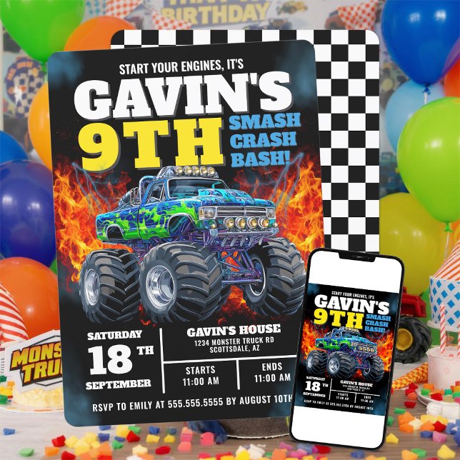 Invitation Monster Truck Cool Bleu 9e anniversaire Personnali (Créateur téléchargé)