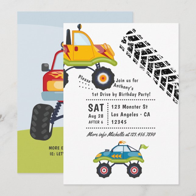 Invitation Monster Truck Drive By Birday Party (Devant / Derrière)
