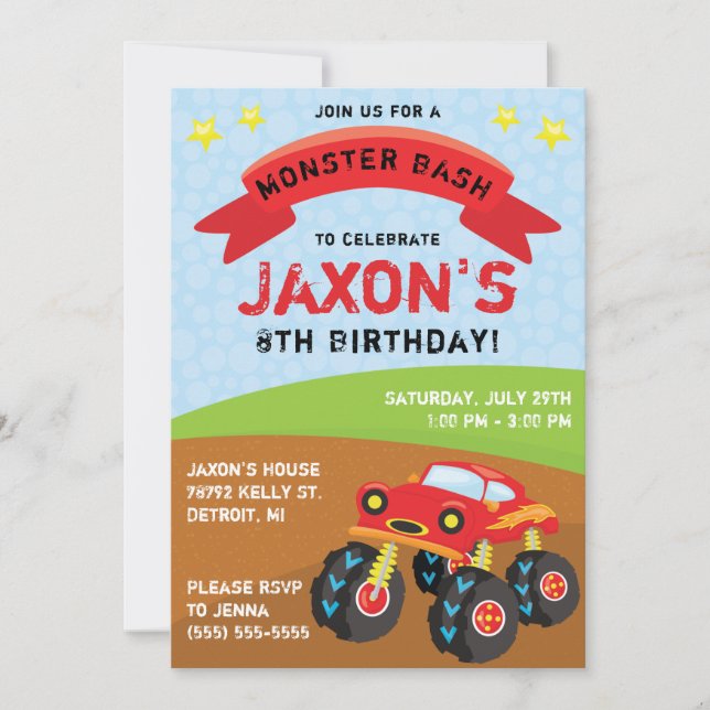 Invitation Monster Truck, Monster Bash fête d'anniversaire (Devant)