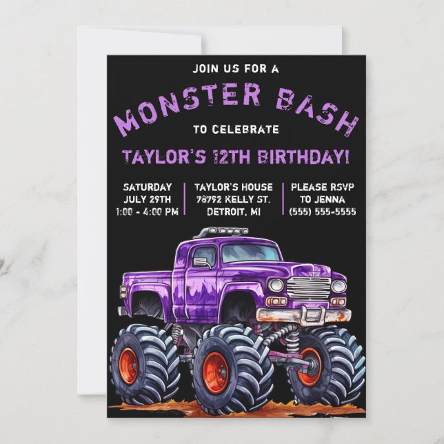 Invitation Monster Truck, Monster Bash fête d'anniversaire (Devant)