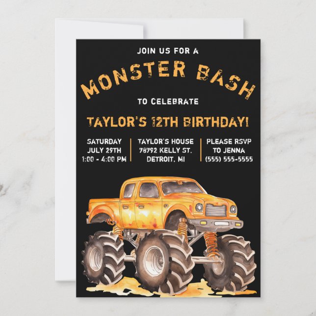 Invitation Monster Truck, Monster Bash fête d'anniversaire (Devant)