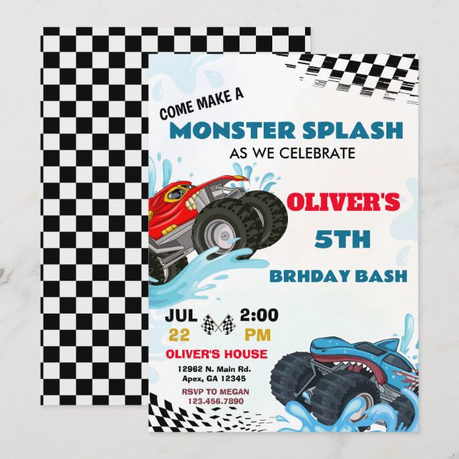 Invitation Monster Truck Splash Anniversaire Bash Party (Devant / Derrière)