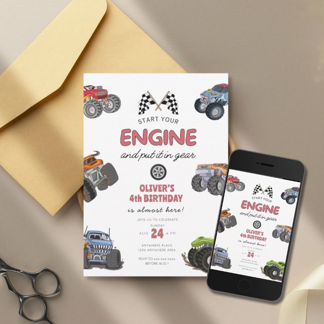 Invitation Monster truck, start your engine boy 4th birthday (Créateur téléchargé)