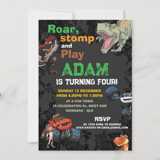 Invitation Monster truck & T Rex Boys anniversaire (Devant)