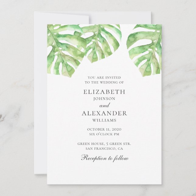 Invitation Monstera. Aquarelle verte mariage tropical (Devant)