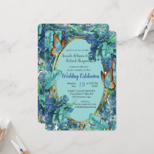 Invitation Monstera bleu turquoise Feuilles et papillons