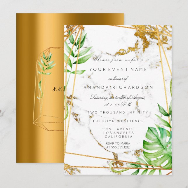 Invitation Monstera Gold Poligonal Cadre Vert Marbre (Devant / Derrière)