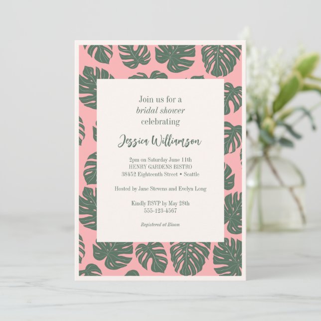 Invitation Monstera Plante Botanique rose Fête des mariées ve (Debout devant)