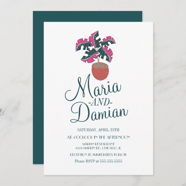 Invitation Monstera rose Plante Mariage d'illustration (Devant / Derrière)