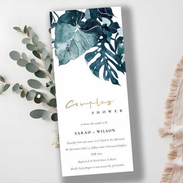Invitation Monstera Tropical Blue Foliage Couples Douche (Créateur téléchargé)
