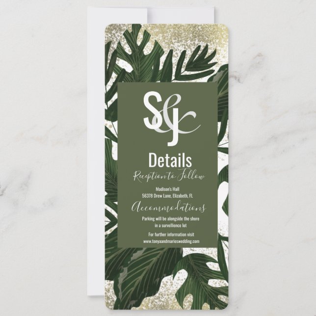 Invitation Monstera Tropical Faux Gold Splash Détails (Devant)