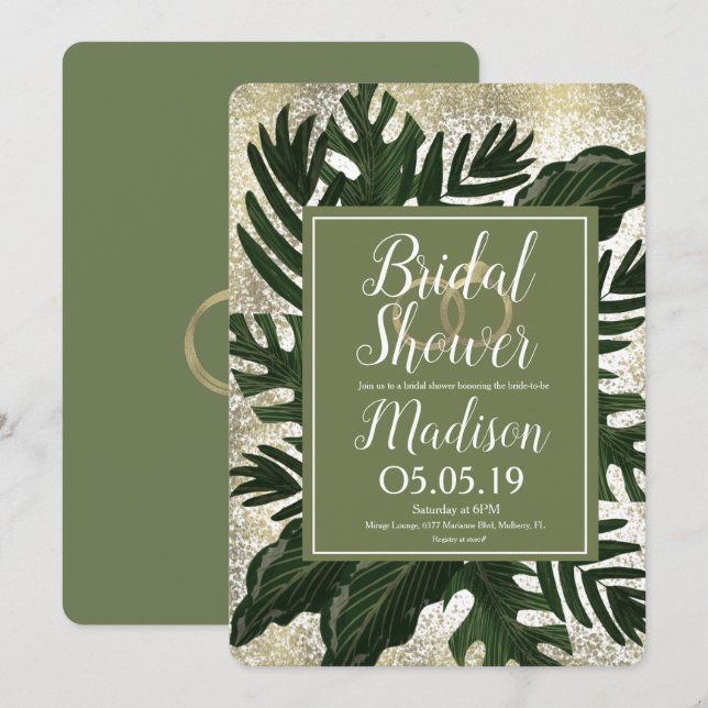 Invitation Monstera Tropical Faux Gold Splash Fête des mariée (Devant / Derrière)
