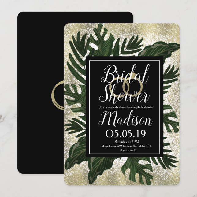 Invitation Monstera Tropical Faux Gold Splash Fête des mariée (Devant / Derrière)