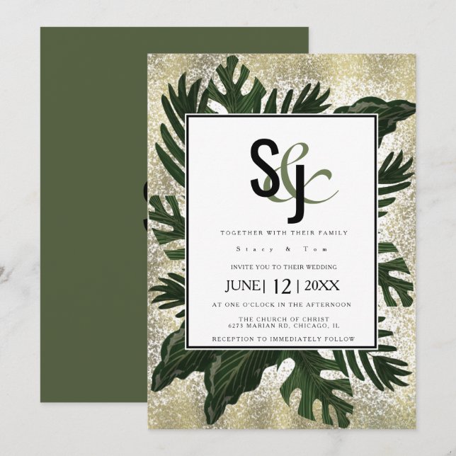 Invitation Monstera Tropical Faux Gold Splash Mariage Suite (Devant / Derrière)