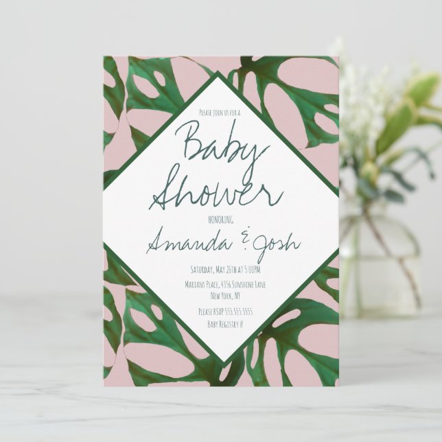 Invitation Monstera Tropical Leaf Motif Baby shower Invita (Debout devant)