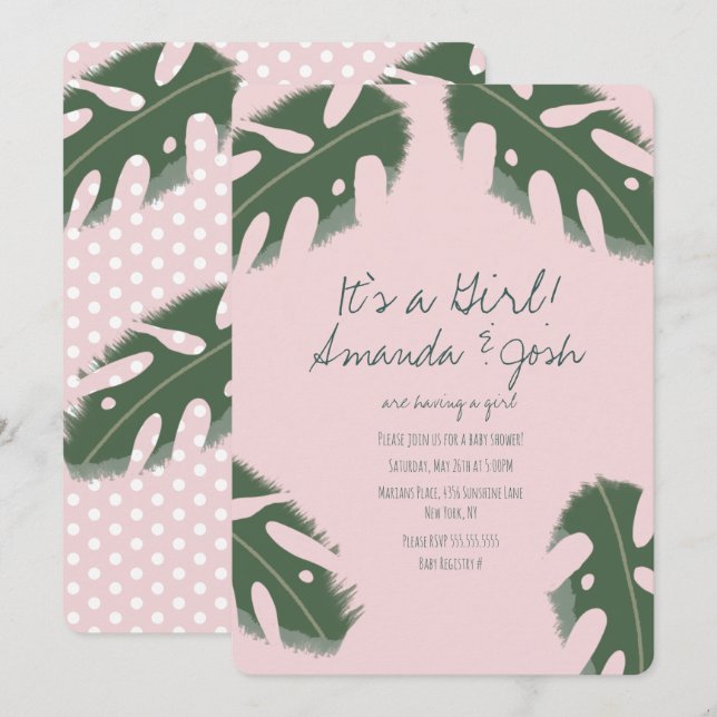 Invitation Monstère rose Tropical Girls Baby shower verdoyant (Devant / Derrière)
