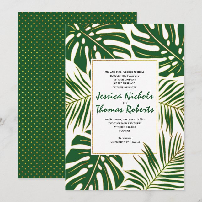 Invitation Monstère tropicale, feuille de palme mariage or ve (Devant / Derrière)