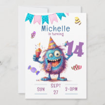 Monstre coloré Quatorze ans Anniversaire Invitatio