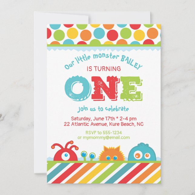 Invitation Monstre Cute 1er Premier Anniversaire (Devant)