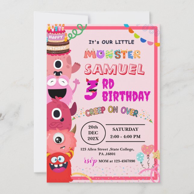 INVITATION MONSTRE POUR LA FÊTE D'ANNIVERSAIRE DE LA FILLE (Devant)