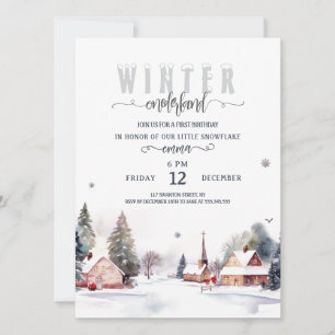 Invitation Montagne aquarelle Hiver onederland 1er anniversai