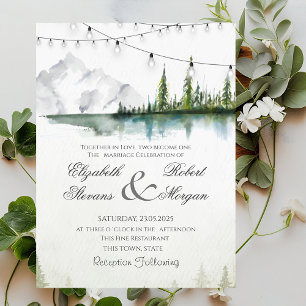 Invitation Montagne, Forêt, Lac, Guirlande Lumineuse Mariage